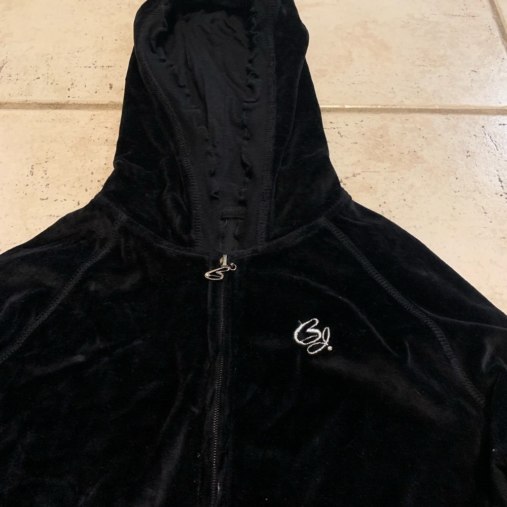Y2K Black Velour Zip-Up Cropped Hoodie | Ruffle Trim S/P - Picture 2 of 7